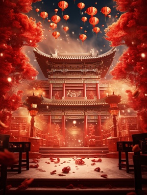 Chinese New year background, with fireworks, firecrackers and Asian Chinese red scene, rendered in surrealism, indoor scene, 8K ar 9:16