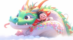 Lovely Chinese dragon and cute baby, Chinese dragon, colorful cartoon characters, white background, colorful cartoon characters, colorful clothing,3d render , OC render, Best quality , 4K , Studio lighting