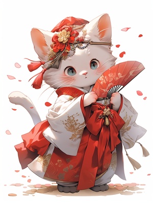 一只可爱的小猫咪，身上穿着汉服，古风，猫咪