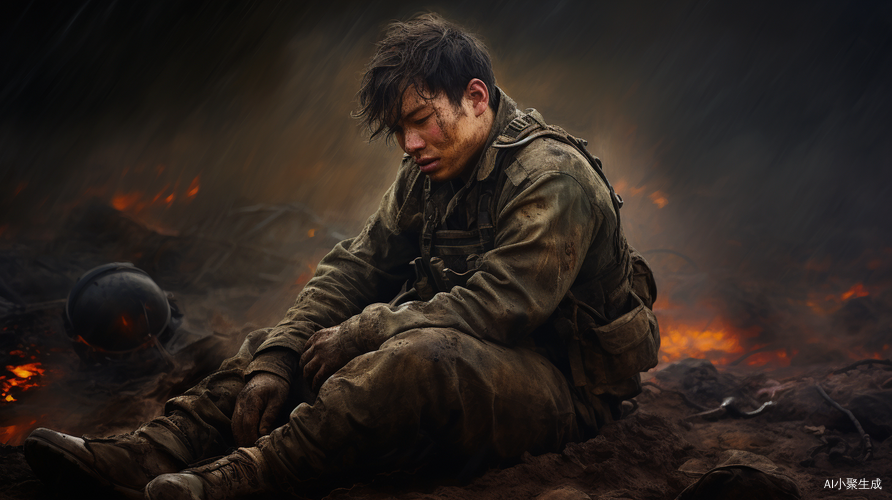 战场悲情：少年士兵眼泪滴落乌云密布