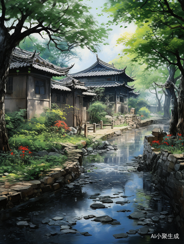 江南水乡油画：色彩对比强烈，超高画质32K
