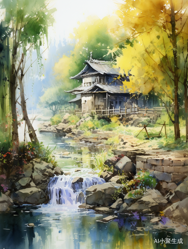 中国水墨画江南水乡，色彩强烈对比与精细细节