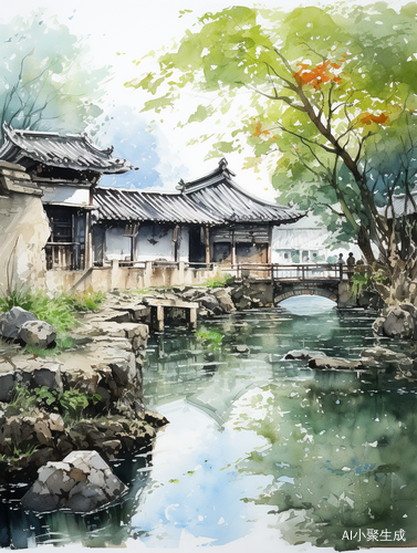 中国水墨画江南水乡，色彩强烈对比与精细细节