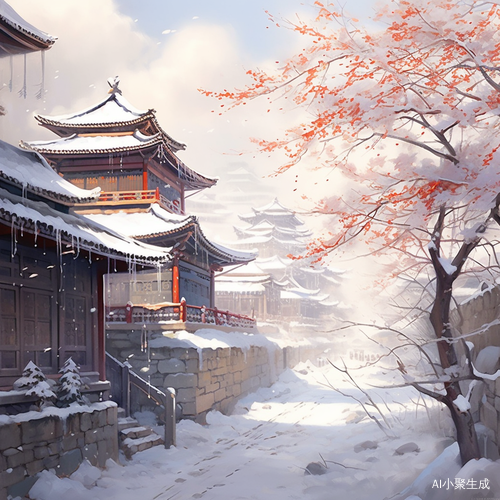 古代建筑中的雪后阳光和梅花