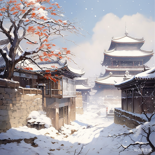 古代建筑中的雪后阳光和梅花