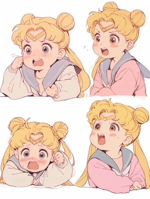 Minimalist style, Cartoon lines, Cute toddler Sailor Moon, Fat, Different gestures and expressions aspect 3:4 niji 5