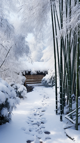 竹林中的雪色小路