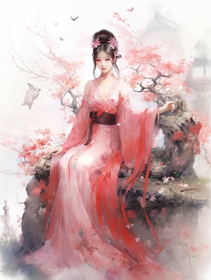 中国古典美女，粉色汉服，五官精致，庭院赏花