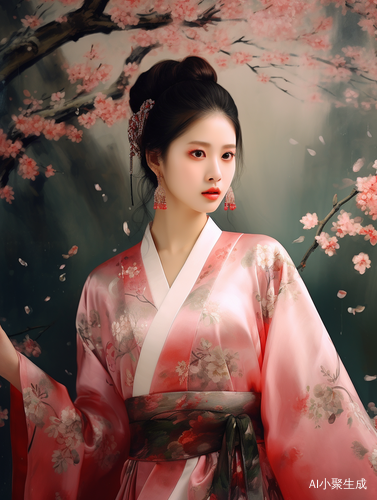 中国古典美女，粉色汉服，五官精致，庭院赏花