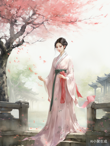 中国古典美女，粉色汉服，五官精致，庭院赏花