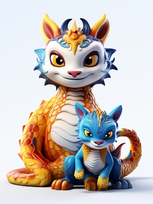 Lovely Chinese Dragon and Cat: Colorful Cartoon Characters