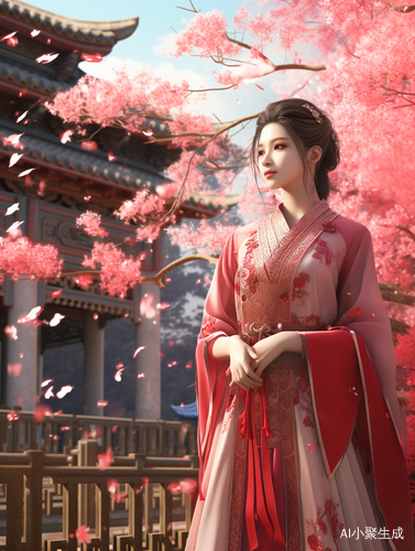 中国古典美女与粉色汉服的超现实主义古风3D渲染