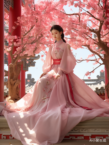 中国古典美女与粉色汉服的超现实主义古风3D渲染