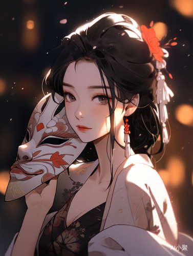 阴阳师少女带笑意，手夹燃符纸，诡异背景中直视