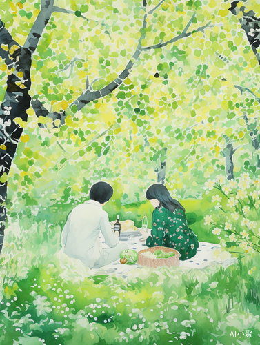 Romantic Watercolor Painting of a Couple Enjoying a Picnic