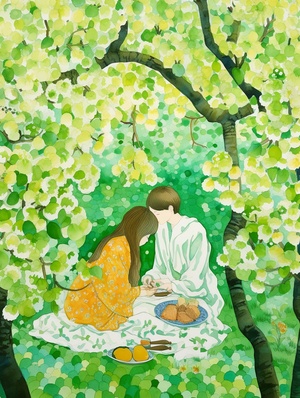 Romantic Watercolor Painting of a Couple Enjoying a Picnic