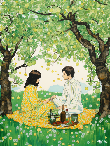 Romantic Watercolor Painting of a Couple Enjoying a Picnic