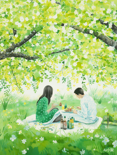 Romantic Watercolor Painting of a Couple Enjoying a Picnic