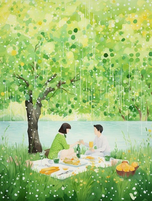 Romantic Watercolor Painting of a Couple Enjoying a Picnic