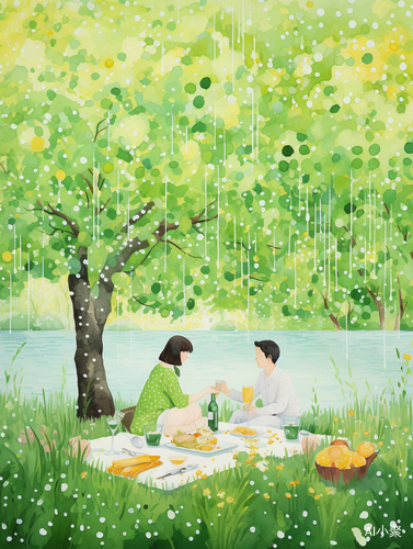 Romantic Watercolor Painting of a Couple Enjoying a Picnic