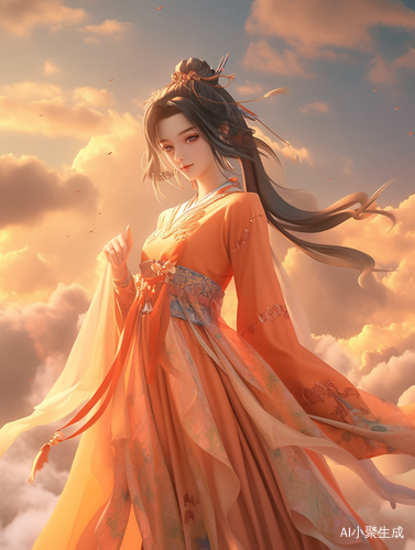 古风仙侠美女，橙色天衣，脚踏飞剑