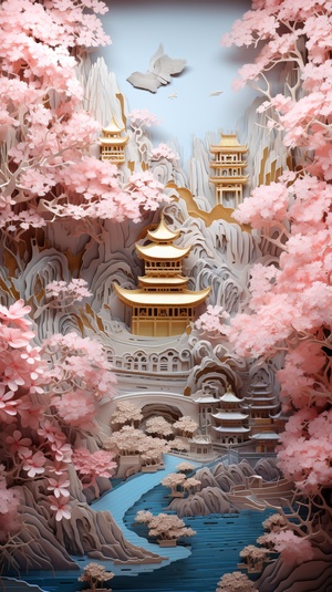 Chinese Castle by Mandai Papercraft Exhibition Art Exhibition, styled in gold and aquamarine, vibrant fantasy landscape, cherry blossoms, relief sculptures, highly detailed foliage, dark aquamarine and pink, dark azure and light white