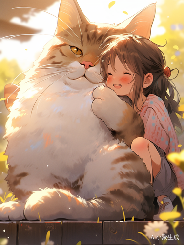 超高清的梦幻治愈场景：巨大猫与微笑女孩的MonoKubo风格