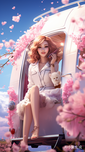 香车美女斜靠在敞篷车内，樱花飞舞，阳光普照的3D渲染壁纸