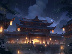 中国古代，古代建筑，祠堂，夜晚全景，阴森的感觉