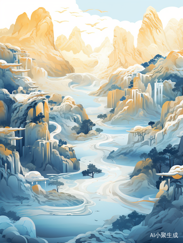 Chinese Landscape Painting: Minimalist 3D Rendering in Victo Ngai Style