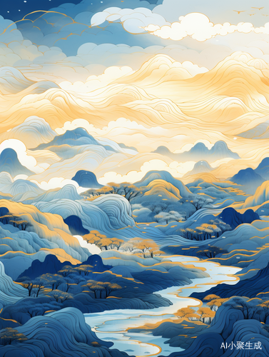 Chinese Landscape Painting: Minimalist 3D Rendering in Victo Ngai Style