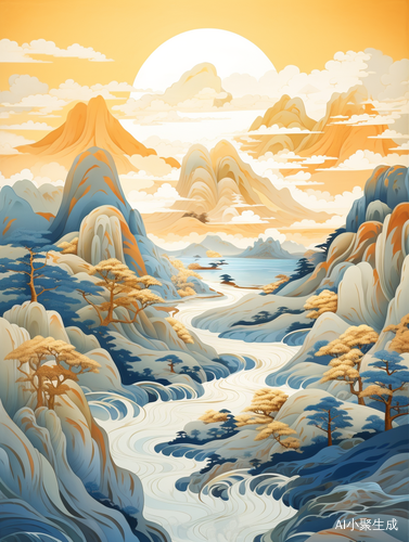 Chinese Landscape Painting: Minimalist 3D Rendering in Victo Ngai Style