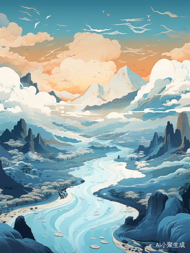 Chinese Landscape Painting: Minimalist 3D Rendering in Victo Ngai Style