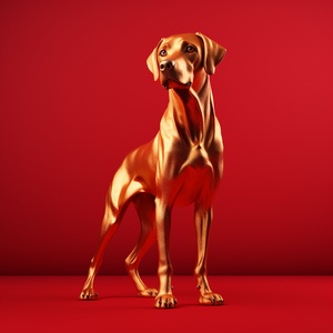 A pure gold dog， red background ,3D rendering , realistic