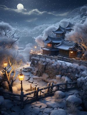 a winter village with tree, miniature landscape,in the style of octane render, atmospheric shots, soft, atmospheric lighting, photo-realistic techniques, cabincore, light-focused, delicately rendered landscapes