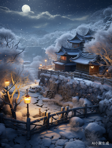 Delicately Rendered Winter Village with Atmospheric Lighting