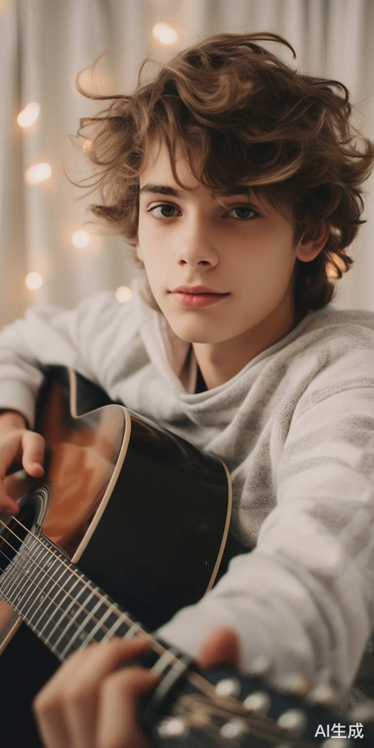 欧美白皮男生弹奏褐色吉他在床上