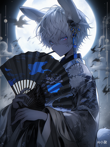 Gothic Darkness: Handsome Lifelike Renderings of a Japanese Anime Rabbit in a Blue Kimono