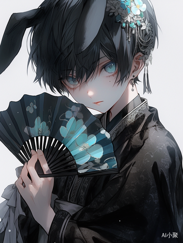 Gothic Darkness: Handsome Lifelike Renderings of a Japanese Anime Rabbit in a Blue Kimono