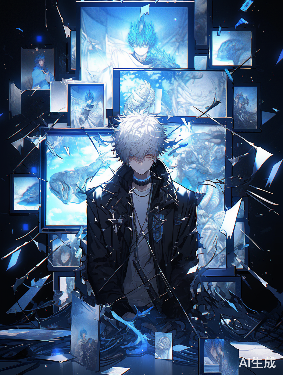 年轻高大男子与银河舞蹈：冷色调底照明中的破碎镜子