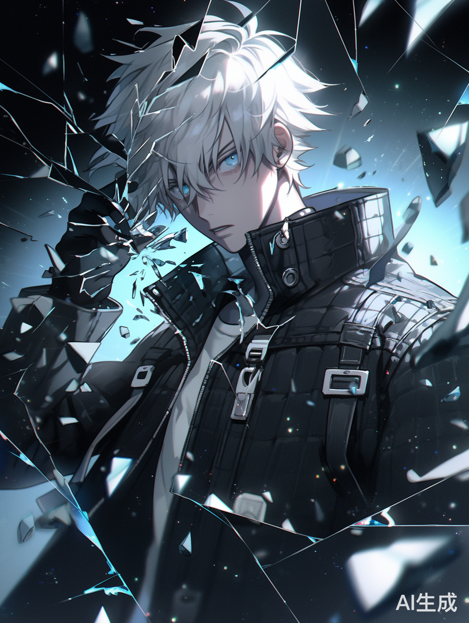 年轻高大男子与银河舞蹈：冷色调底照明中的破碎镜子