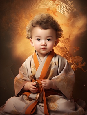 a cute little baby buddhist boy wearing a robe, in the style of light orange and dark brown, hannah yata, 8k resolution, photo montage, ayami kojima, meticulous design, wealthy portraiture