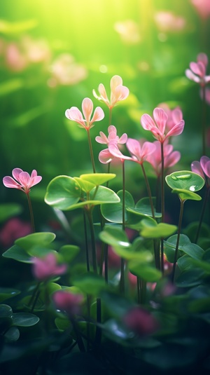 Clover , green plants ,32k, UHD style . romantic and nostalgic themes , yellow and pink , macro shot