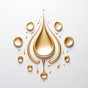 Droplets of golden forming an abstract minimalist shape of a  imperial , white background