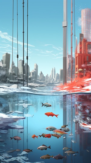 Hyperrealistic Fish Ice and City in Realist Style