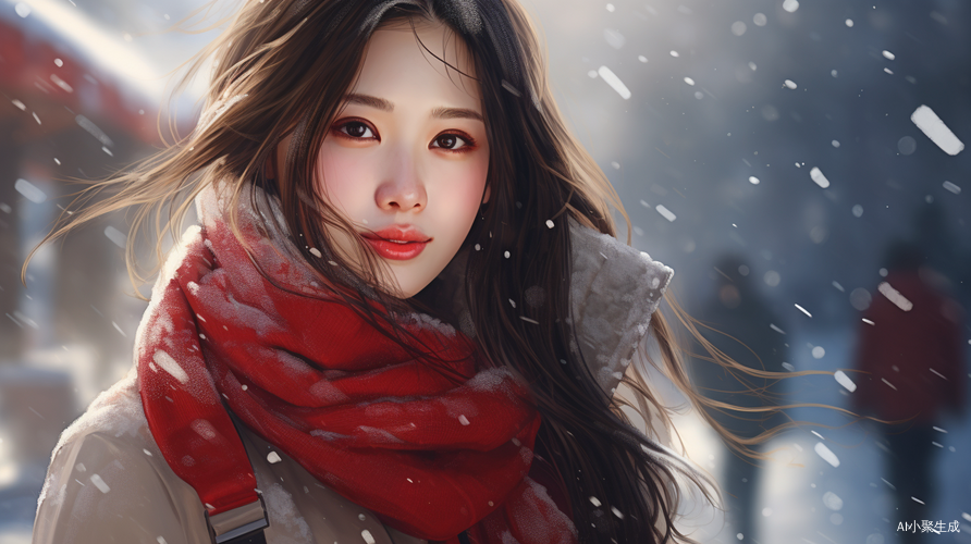 雪地少女笑容，红围巾白大衣，8K雪中飘飘