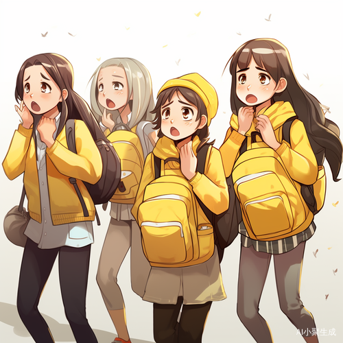 女生背黄色背包的各种表情和姿势