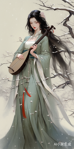 古装美女在青石桥上弹奏古琴
