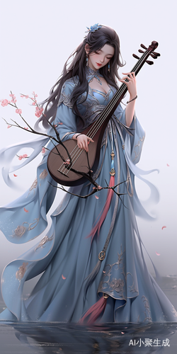 古装美女在青石桥上弹奏古琴