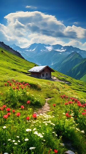 山间绿草小屋，繁花似锦